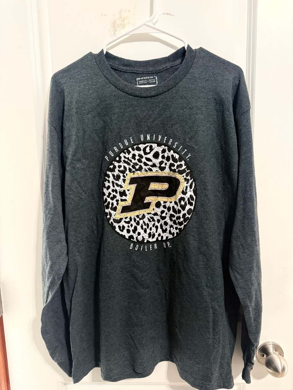 Gameday Couture Purdue University Boiler Up Cheetah Long Sleeve T-Shirt Gray